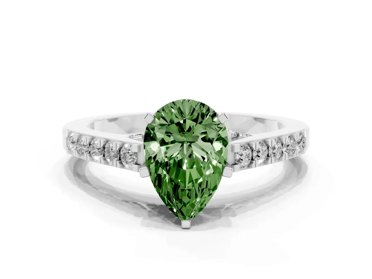 Fancy Green Pear Cut Diamond Solitaire Ring with Crossover Gallery and Round Pavé Band White gold