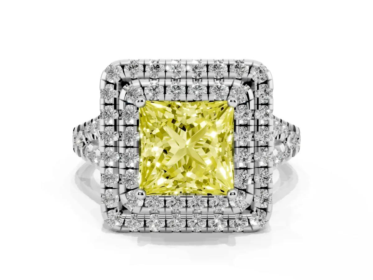Fancy Yellow Double Halo Princess Cut Diamond Pavé Split Shank Ring with Prong Setting Silver