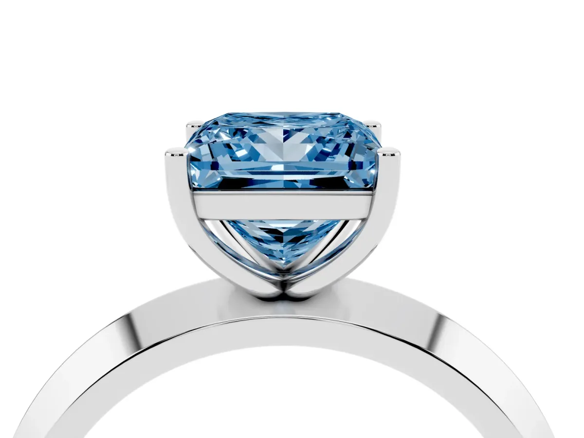 Fancy Blue Princess Cut Cut Solitaire Engagement Ring with Flat Band and Four-Prong Setting Silver