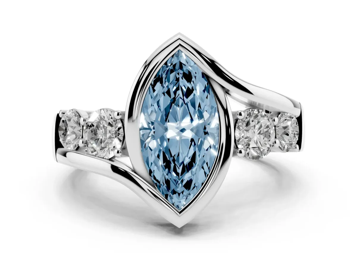 Fancy Blue Bezel Set Marquise Cut Diamond Bypass Ring with Round Accents Silver