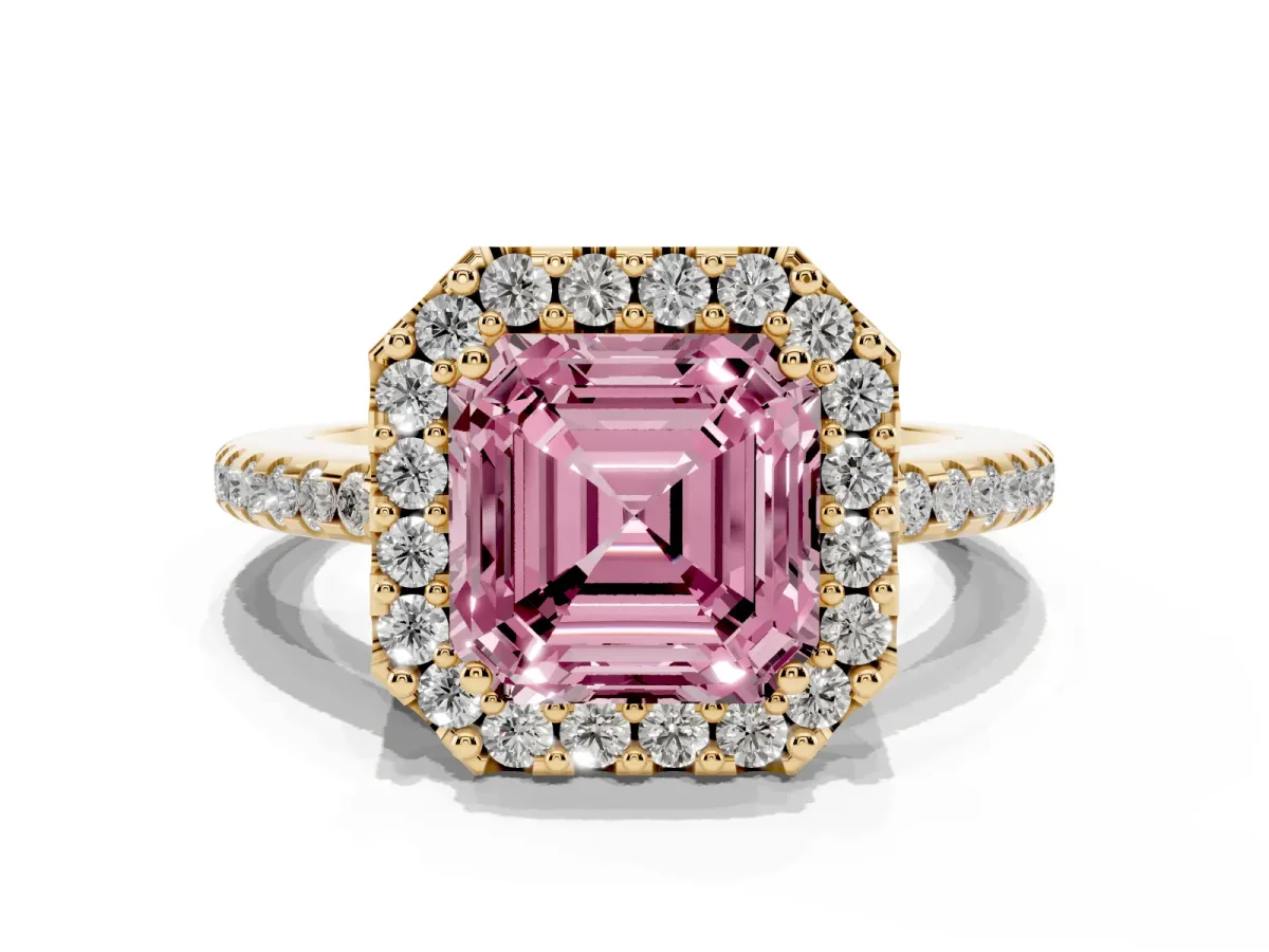 Fancy Pink Asscher Cut Diamond Pavé Halo Ring with Four-Prong Setting Yellow gold