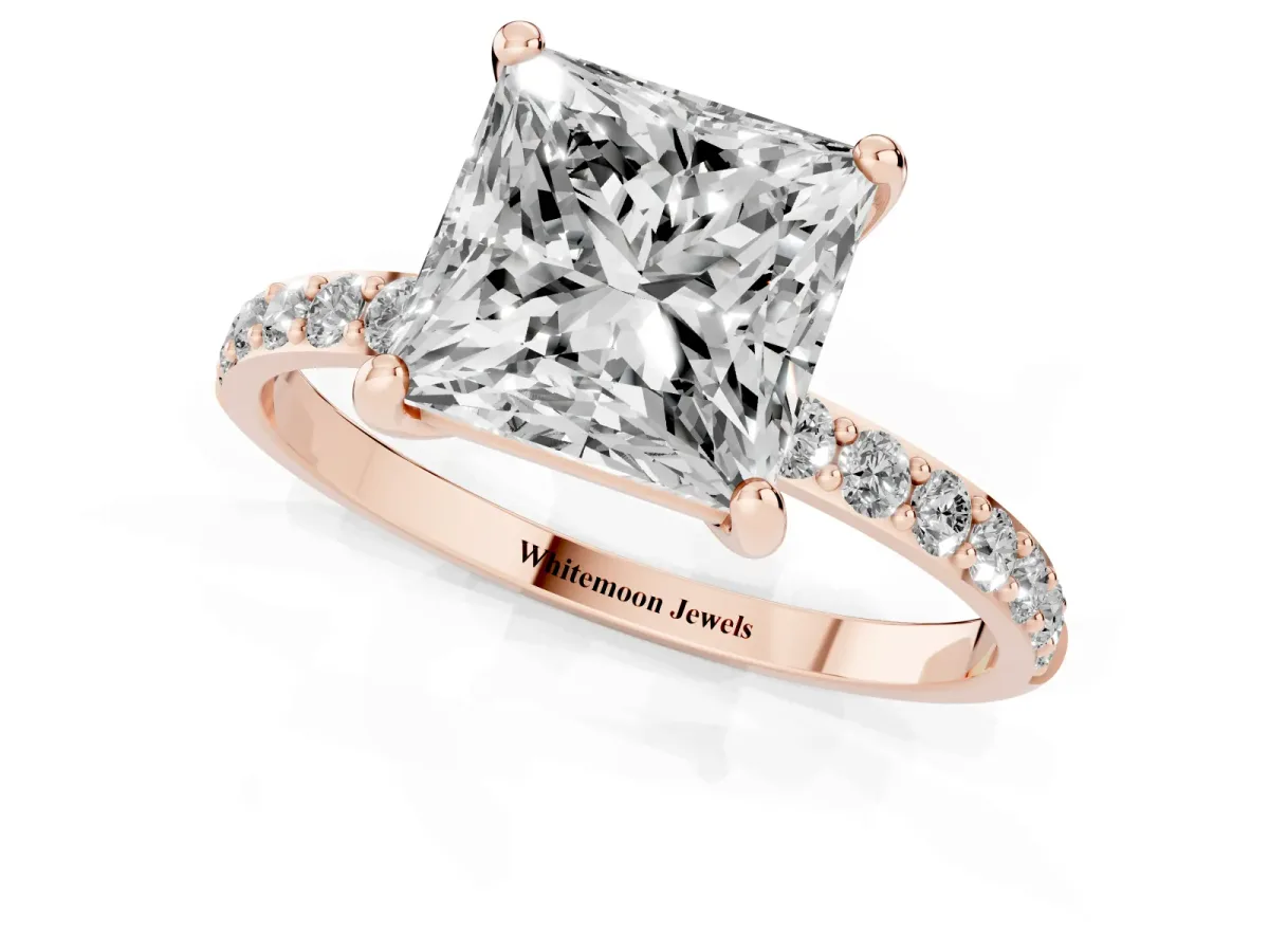 Princess Cut Diamond Solitaire Ring with Round Pavé Band and Prong Setting Rose gold