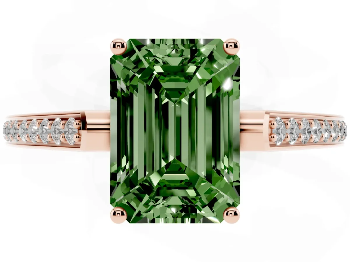 Fancy Green Emerald Cut Cut Cathedral Pave Diamond Engagement Ring with Six-Prong Setting Rose gold