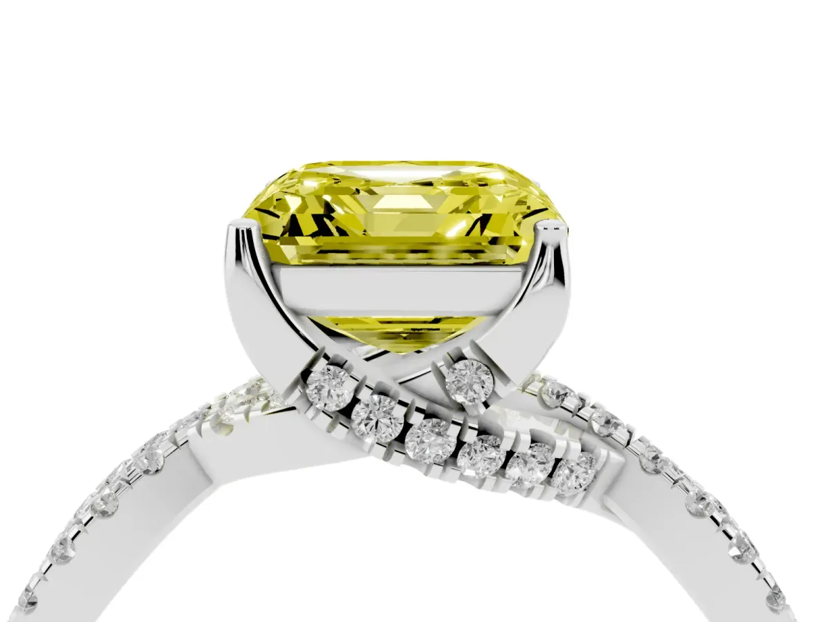 Fancy Yellow Asscher Cut Solitaire Twist Pave Diamond Engagement Ring with Prong Setting Silver
