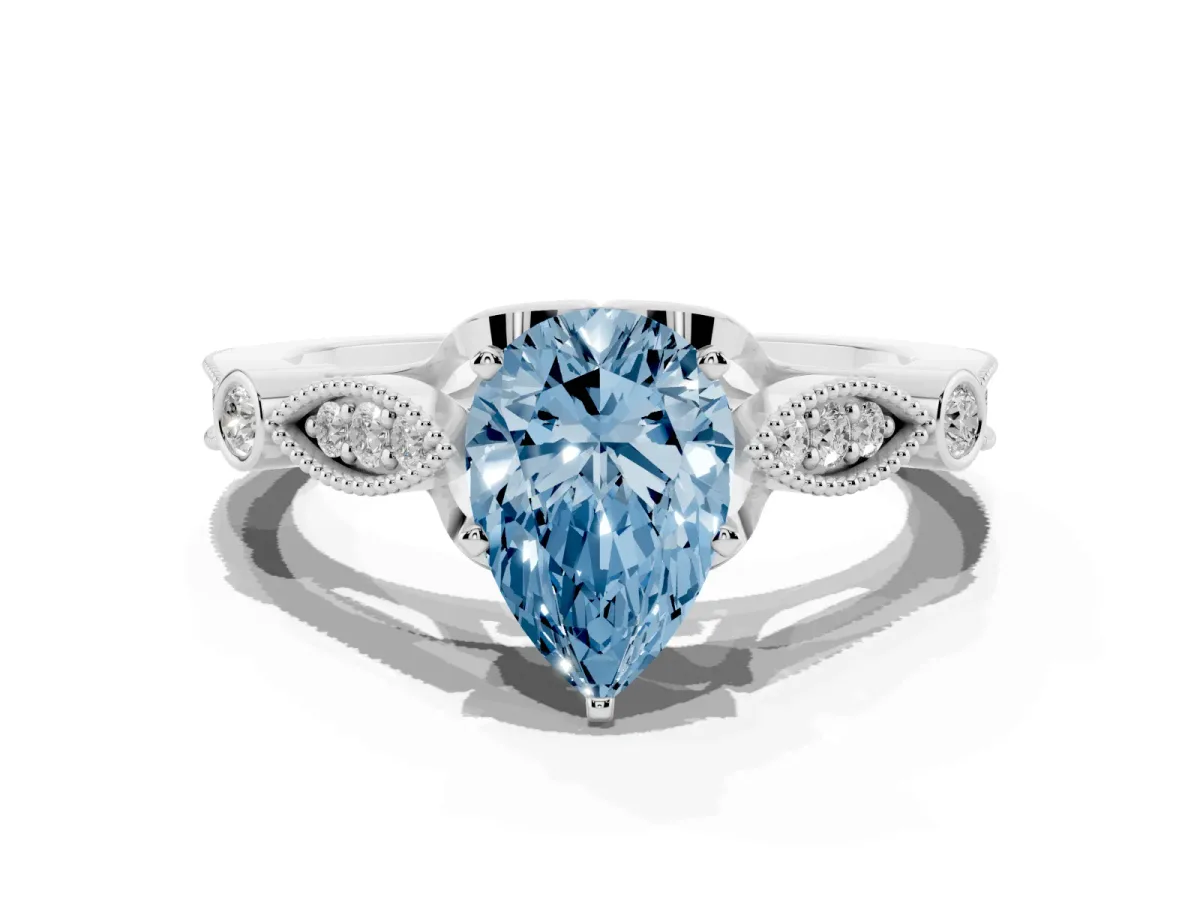 Fancy Blue Pear Cut Cut Diamond with Milgrain Marquise and Bezel Accents on a Solitaire Band with Prong Setting Platinum