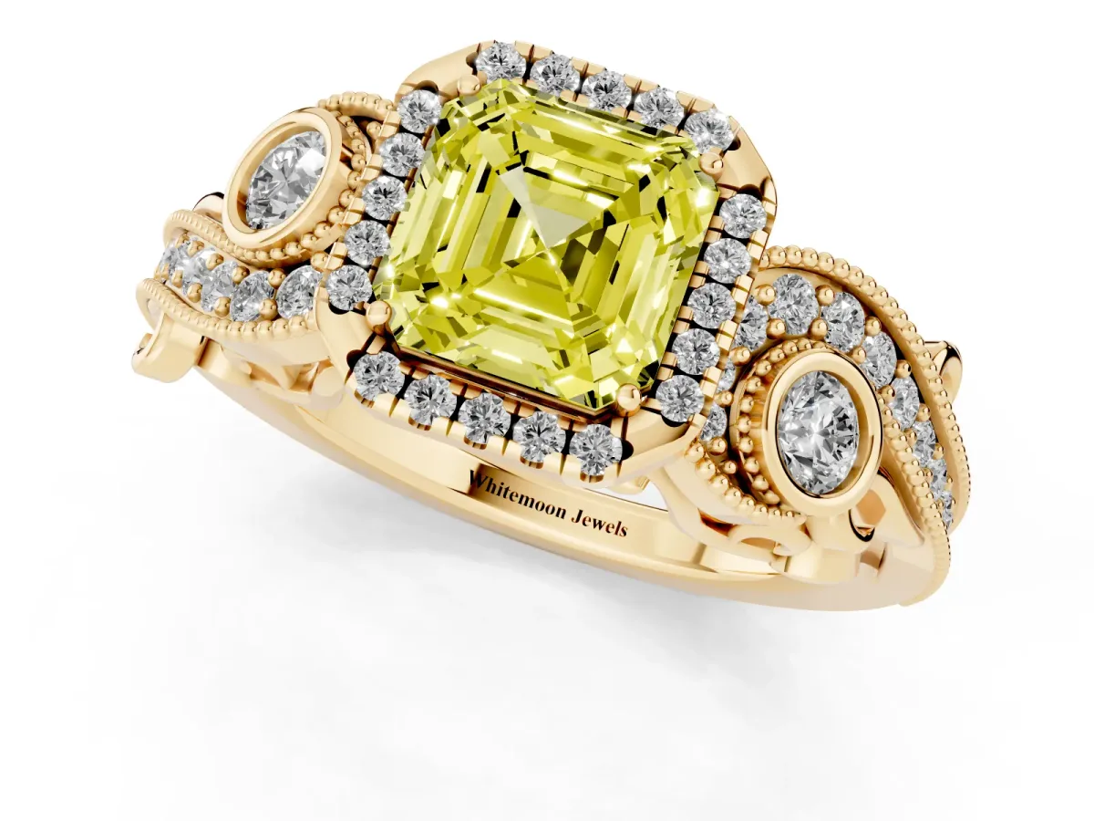Fancy Yellow Asscher Cut Diamond Halo Ring with Milgrain Pavé Band and Four-Prong Setting Yellow gold