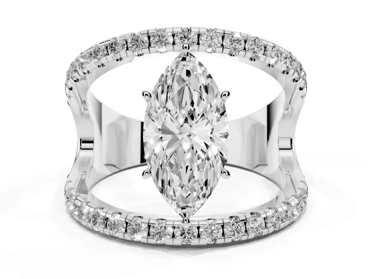 Marquise Cut Solitaire Split Shank Pave Diamond Ring Silver