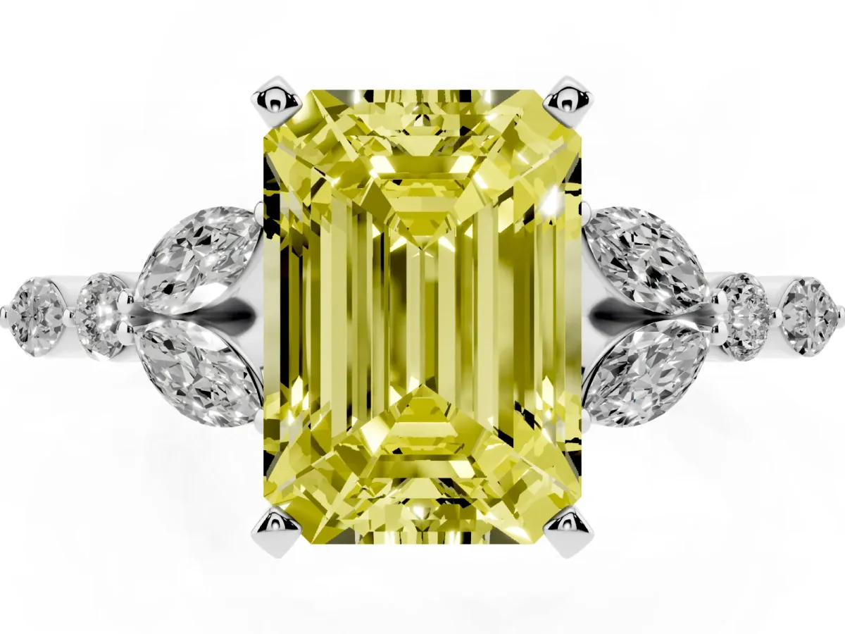 Fancy Yellow Emerald Cut Diamond Solitaire Ring with Side Stones and Four-Prong Setting Platinum
