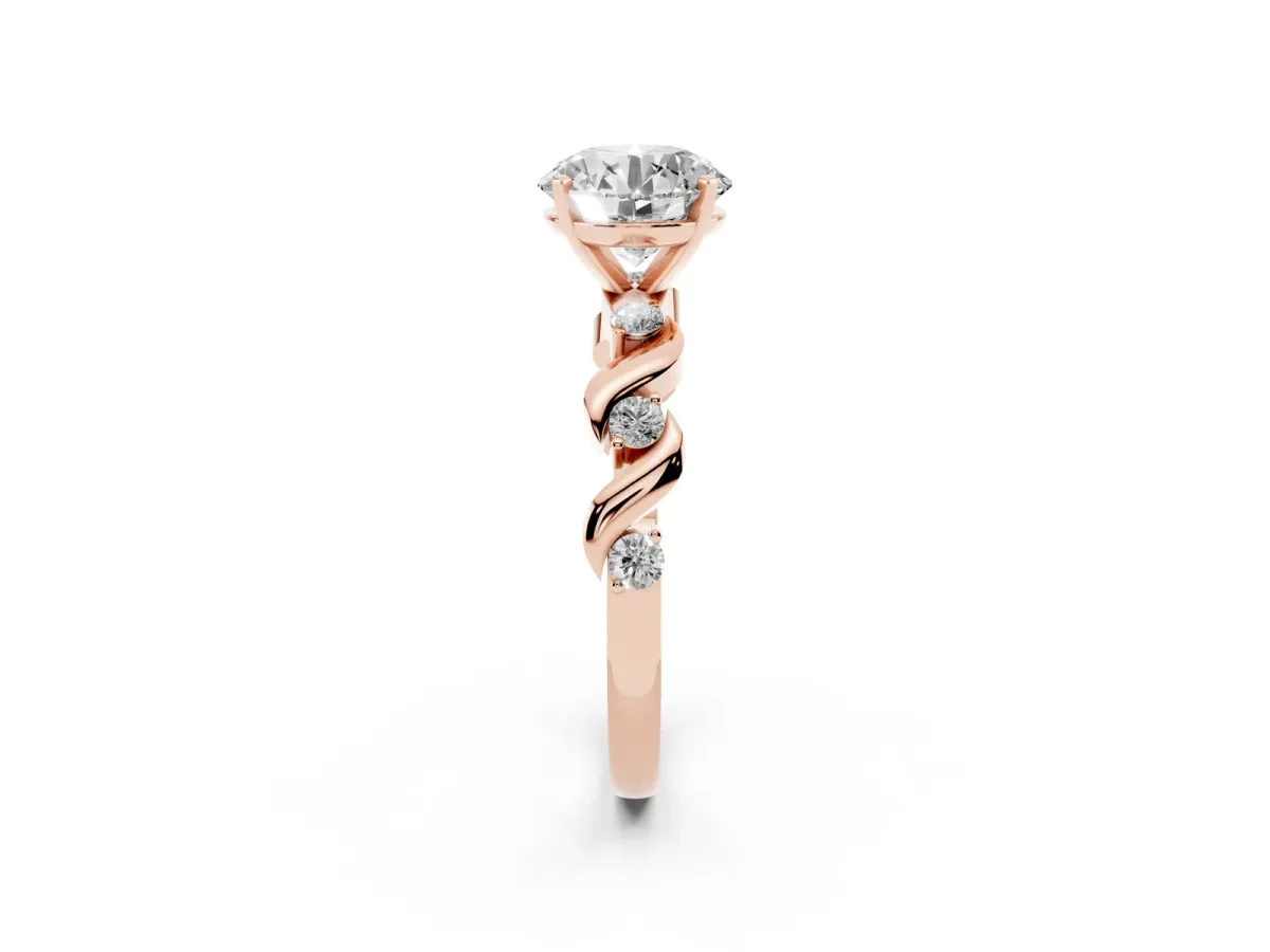 Round Cut Diamond Solitaire Twisted Band with Round Accents and Prong Setting Rose gold