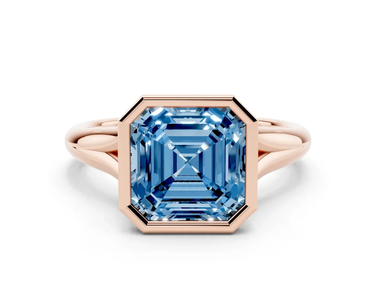 Fancy Blue Bezel Set Asscher Cut Solitaire Diamond Ring with Smooth Band Rose gold