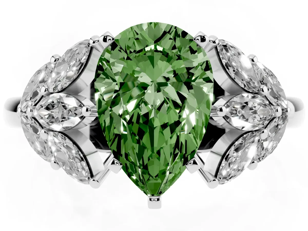Fancy Green Pear Cut Diamond Cluster Leaf Design Ring with Prong Setting Platinum