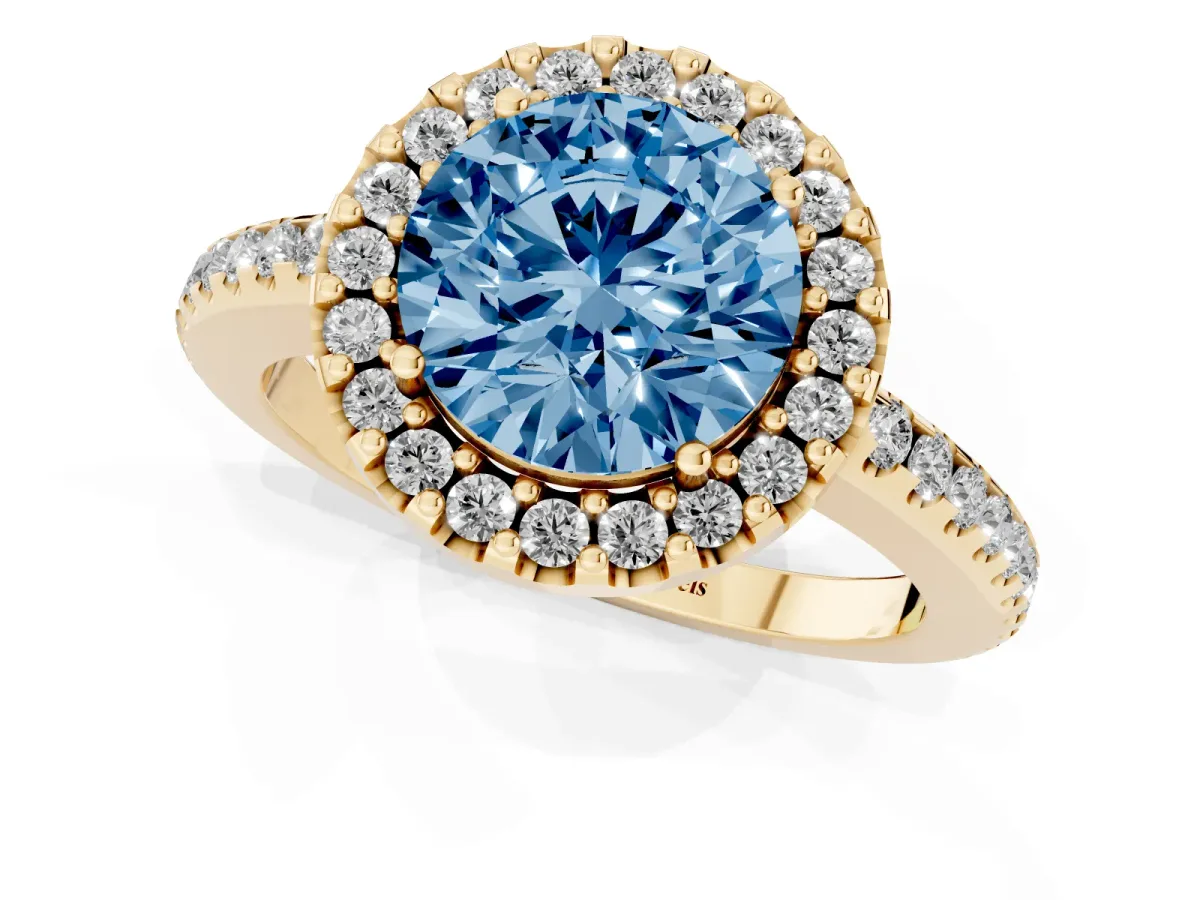 Fancy Blue Round Cut Diamond Pavé Halo Ring with Four-Prong Setting Yellow gold