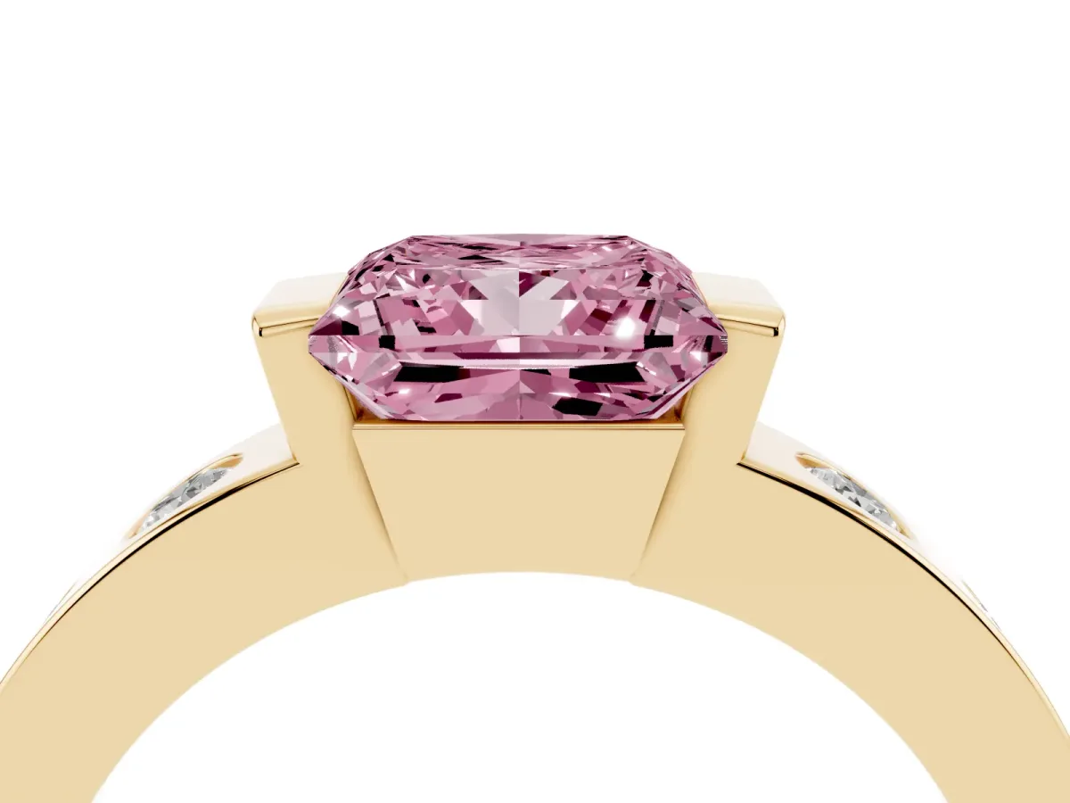 Fancy Pink Princess Cut Brilliant Channel-Set Diamond Ring with Bezel Prong Setting Yellow gold