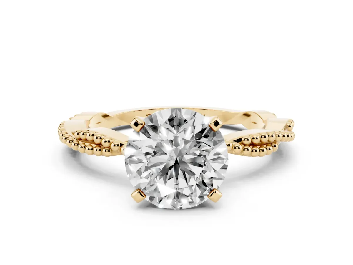 Round Cut Solitaire Twisted Band with Bead Prong Setting Yellow gold