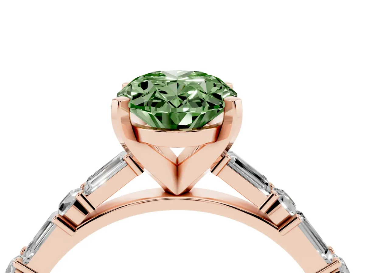 Fancy Green Oval Cut Diamond Solitaire with Side Baguettes and Channel Set Band Rose gold