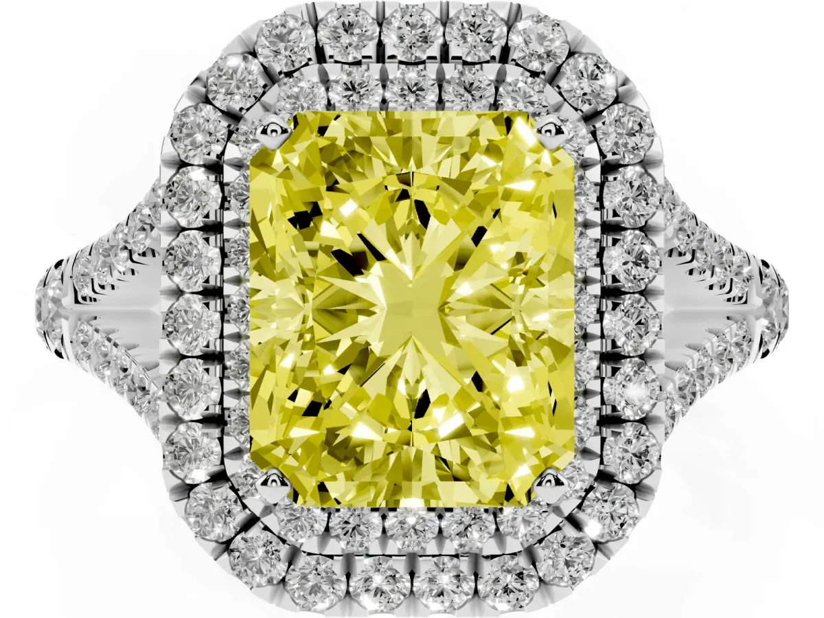 Fancy Yellow Radiant Cut Diamond Pavé Split Shank Double Halo Engagement Ring Silver