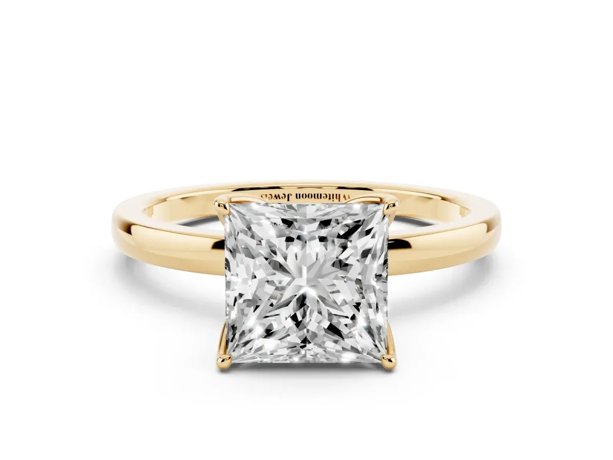 Princess Cut Diamond Solitaire Ring with Thin Band and Prong Setting Yellow gold