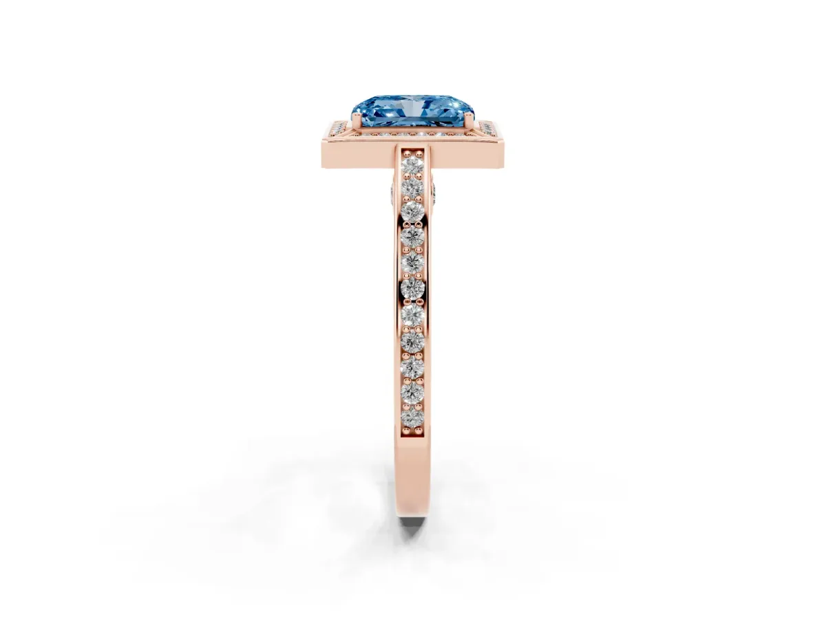 Fancy Blue Radiant Cut Cut Halo Pave Split Shank Prong Setting Ring Rose gold