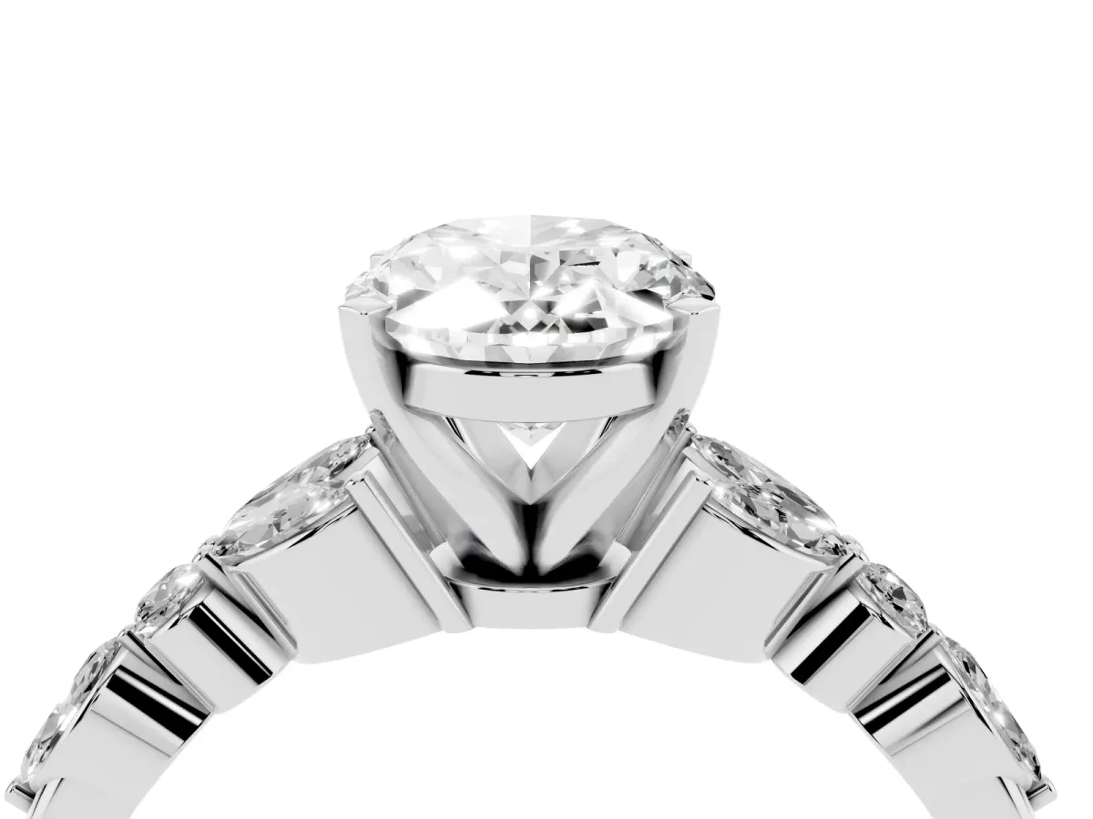 Oval Cut Diamond Solitaire Ring with Side Stones and Four-Prong Setting Silver