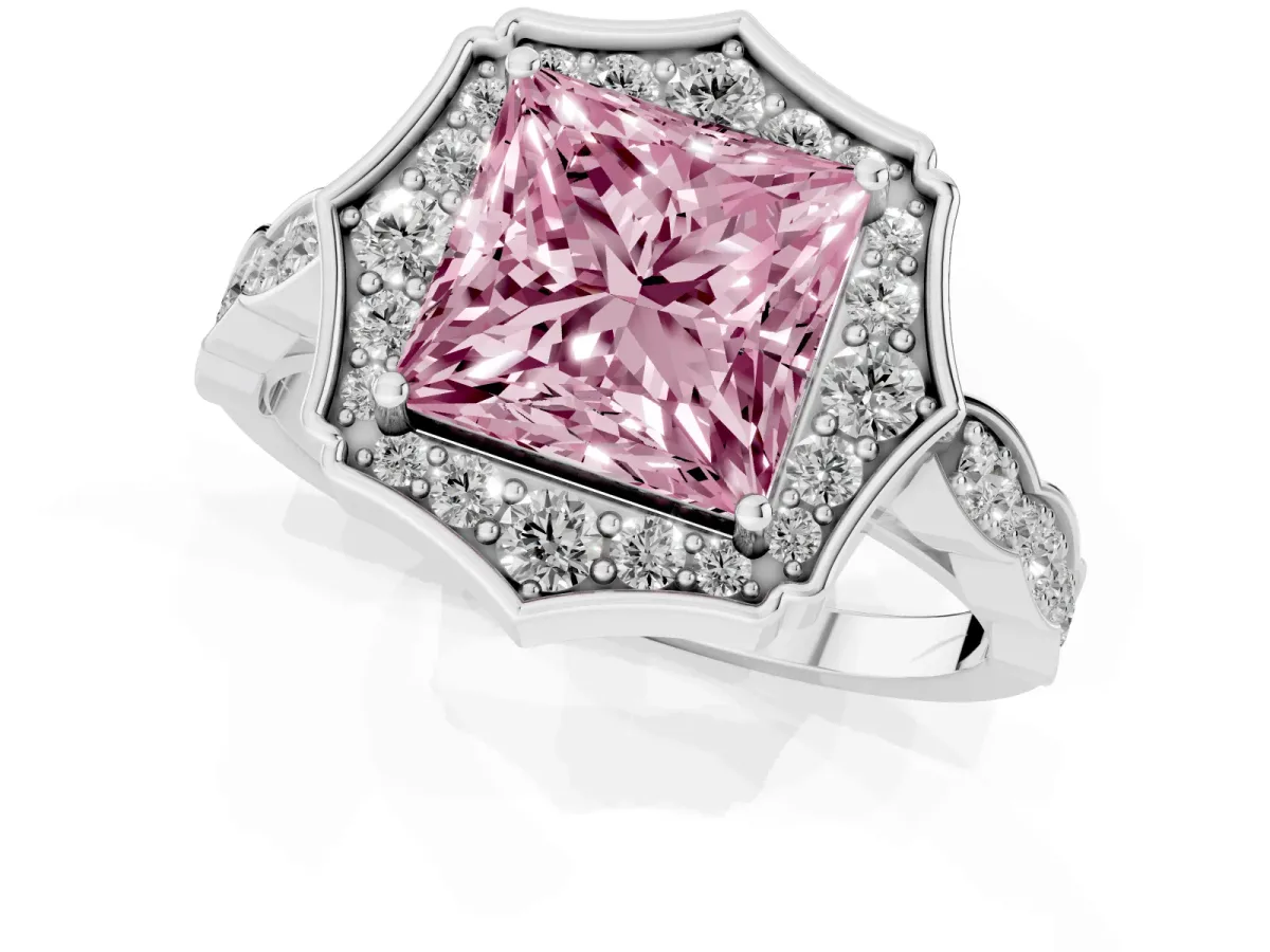 Fancy Pink Princess Cut Halo Diamond Engagement Ring with Milgrain Band and Four-Prong Setting Silver