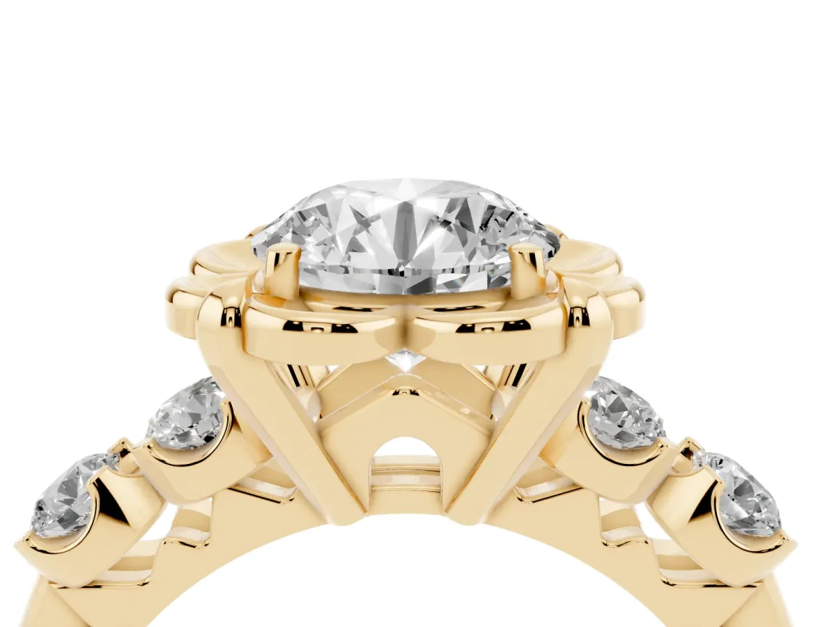 Round Cut Cut Diamond Floral Halo Engagement Ring with Shared Prong Setting Yellow gold