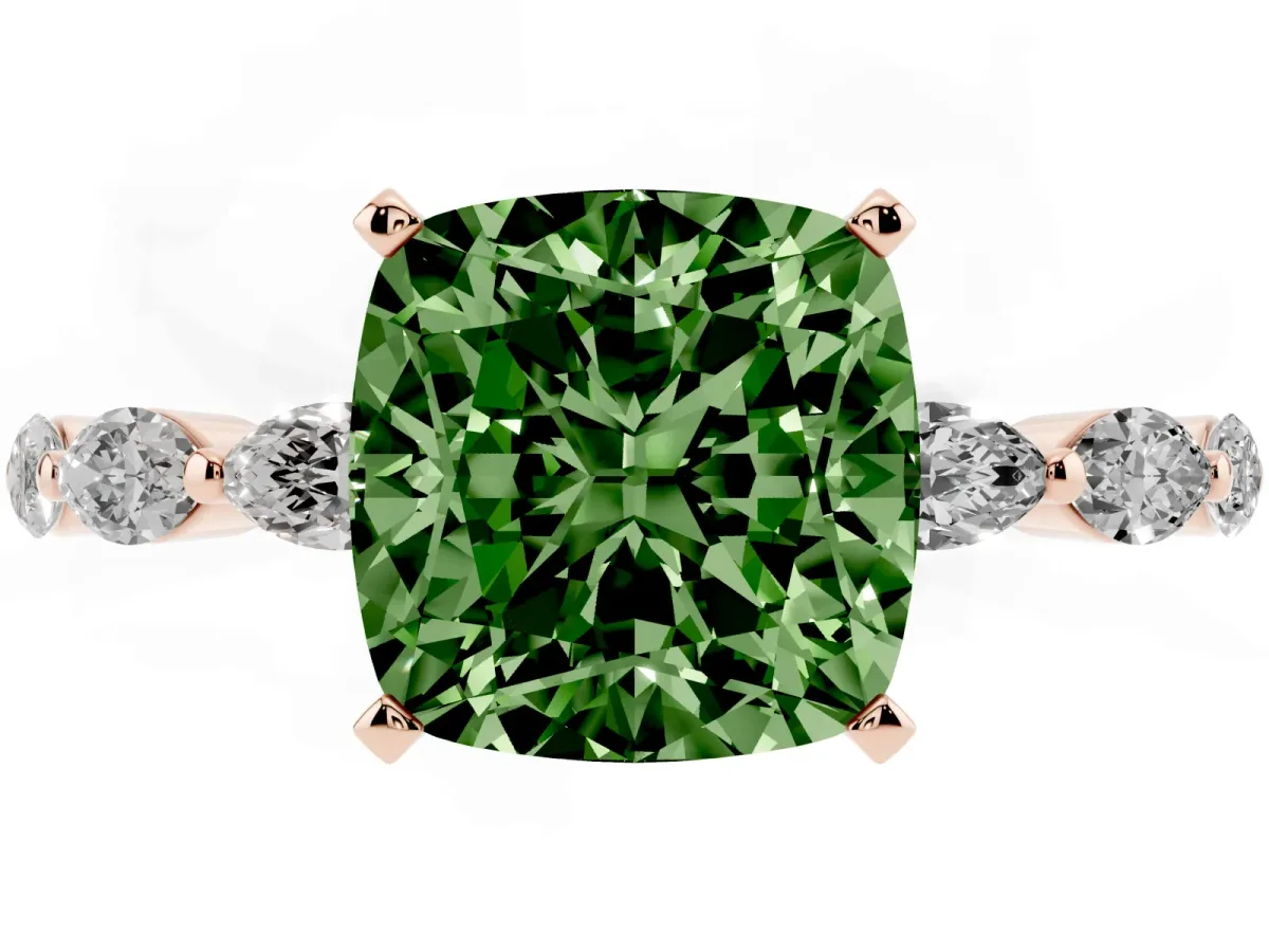 Fancy Green Cushion Cut Diamond Ring with Marquise Side Stones and Prong Setting Rose gold