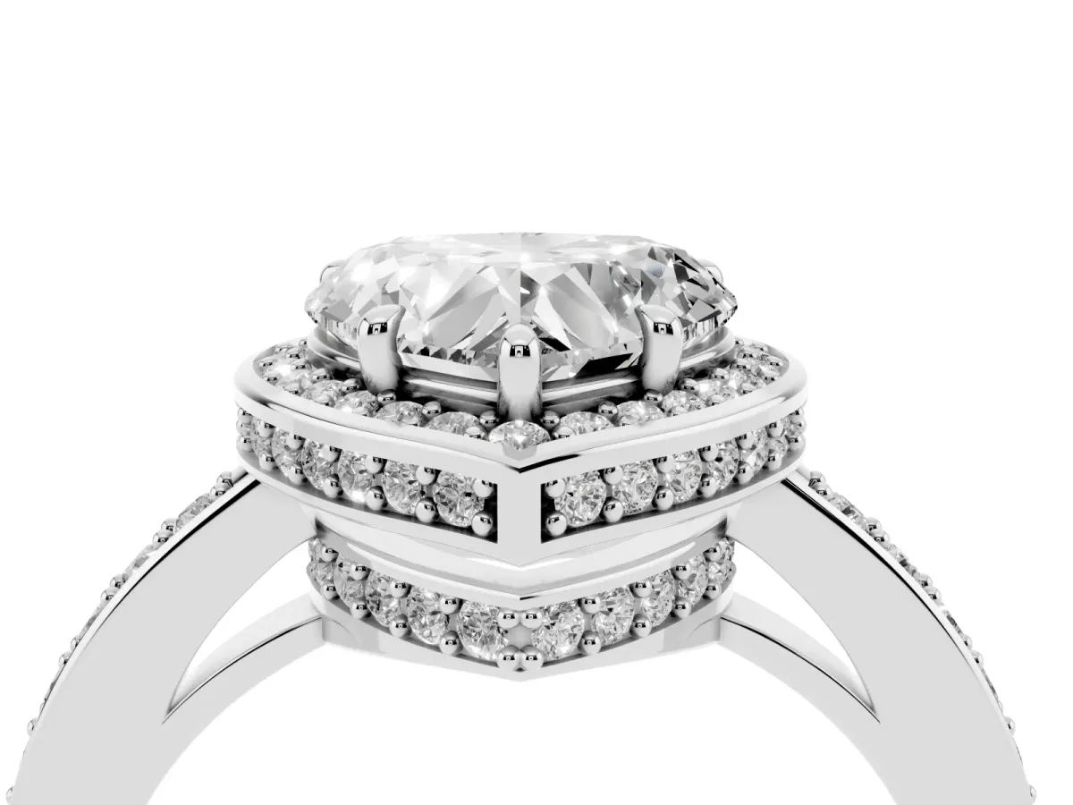 Heart Cut Halo Pave Band Solitaire Ring with Prong Setting Silver
