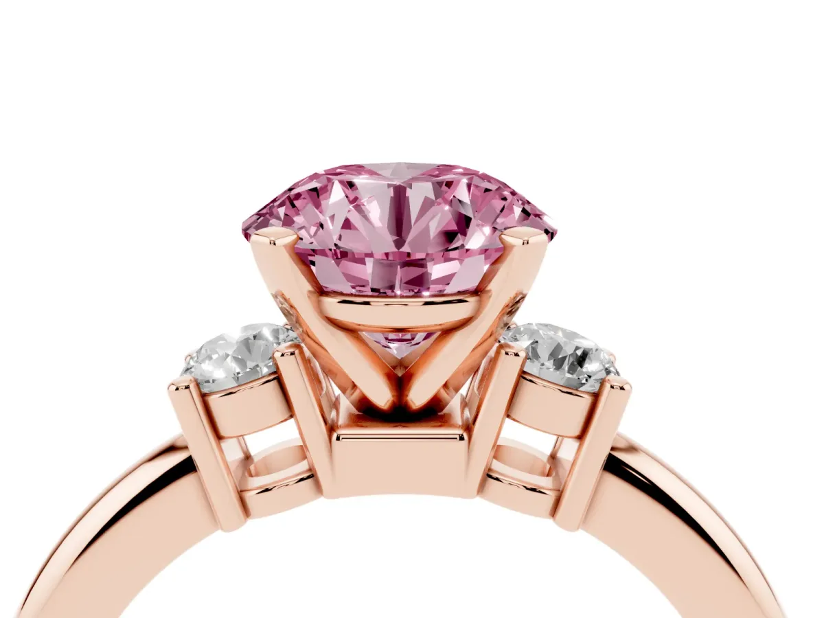 Fancy Pink Three-Stone Round Cut Cut Diamond Solitaire with Prong Setting and Classic Band Rose gold