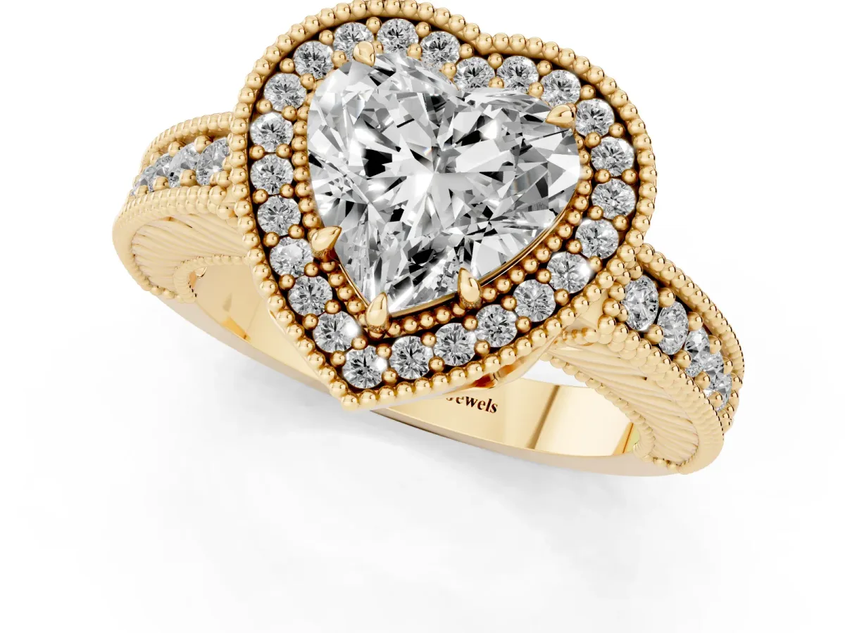 Heart Cut Cut Halo Diamond Ring with Pavé Band and Four-Prong Setting Yellow gold