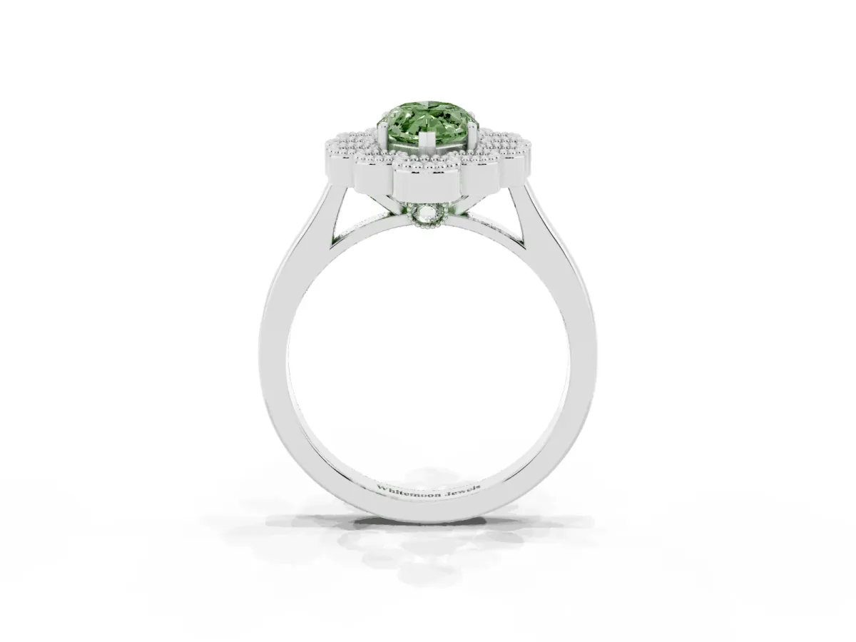 Fancy Green Marquise Cut Halo Diamond Cluster Engagement Ring with Milgrain Bezel Setting and Solitaire Band White gold