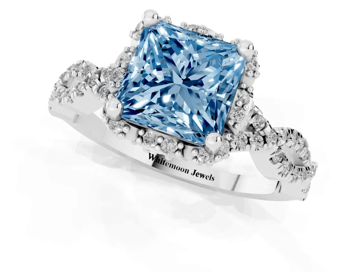 Fancy Blue Princess Cut Halo Twist Band Solitaire Ring with Six-Prong Setting Platinum