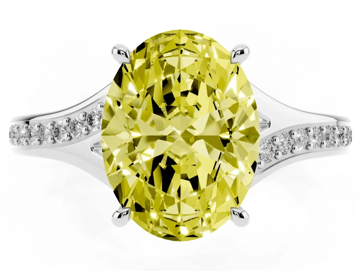 Fancy Yellow Oval Cut Diamond Solitaire Ring with Pavé Band and Prong Setting Silver
