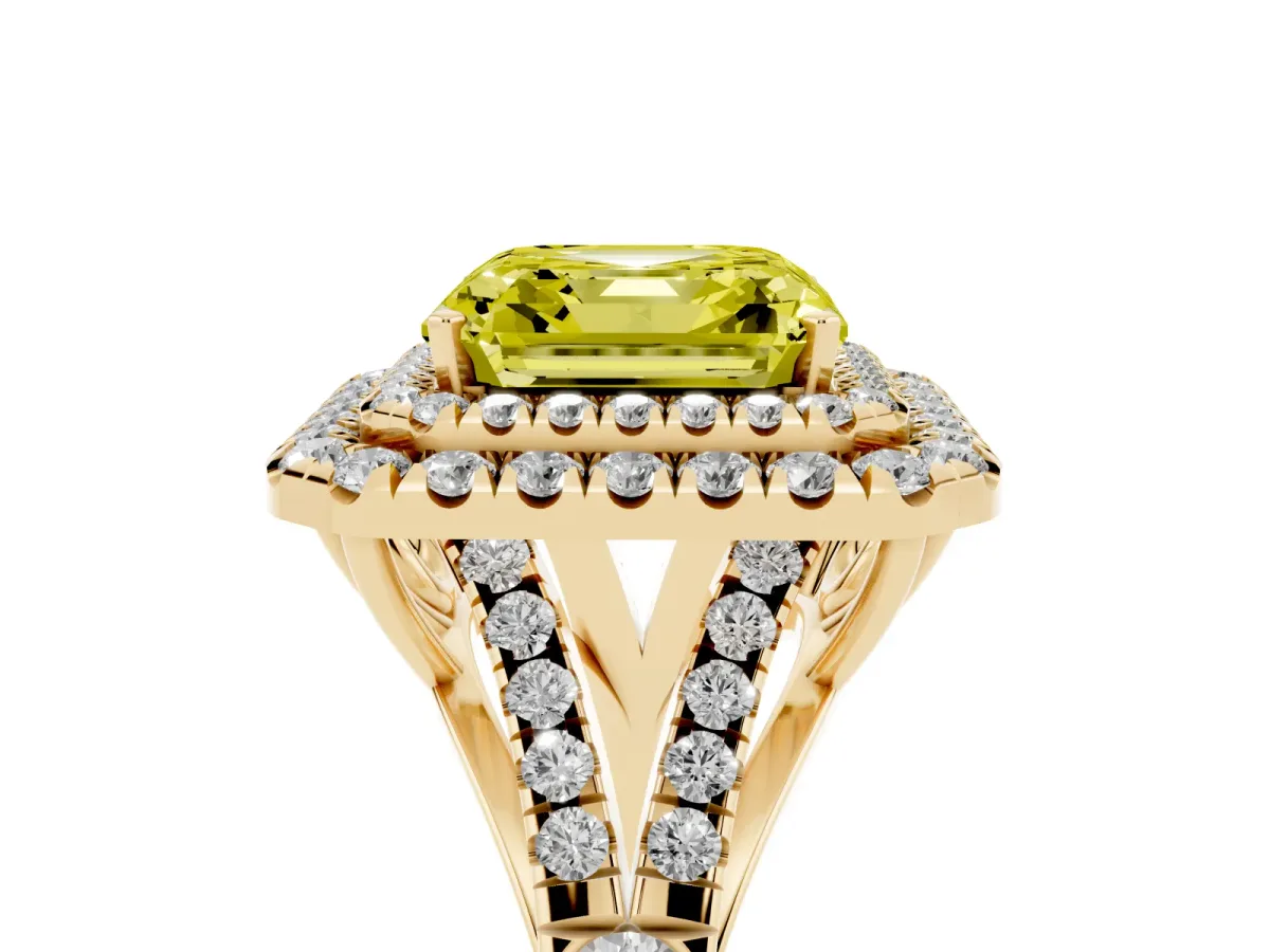 Fancy Yellow Asscher Cut Cut Double Halo Split Shank Diamond Ring with Prong Setting Yellow gold