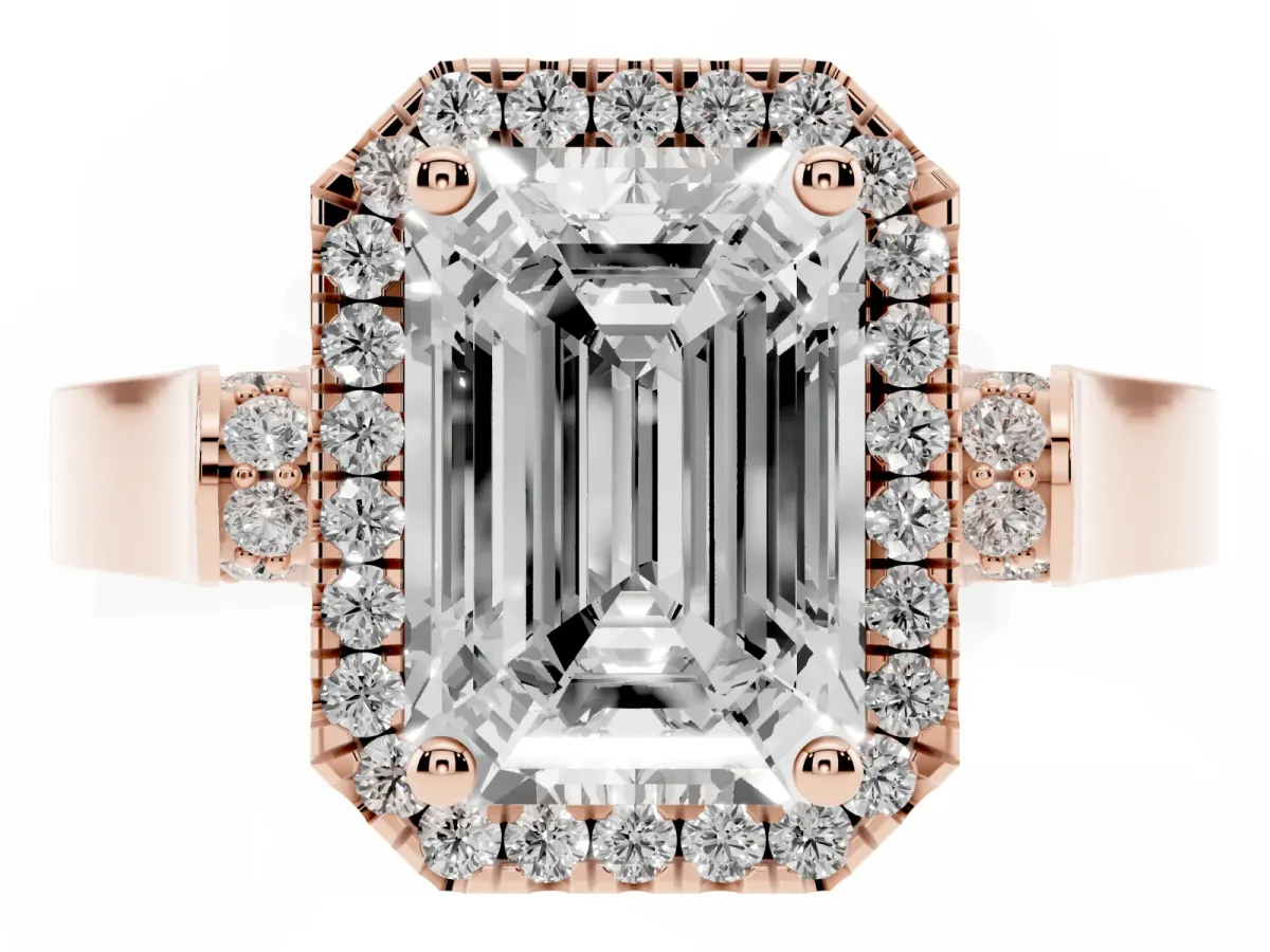 Emerald Cut Halo Round Diamond Twist Band with Four-Prong Setting Rose gold