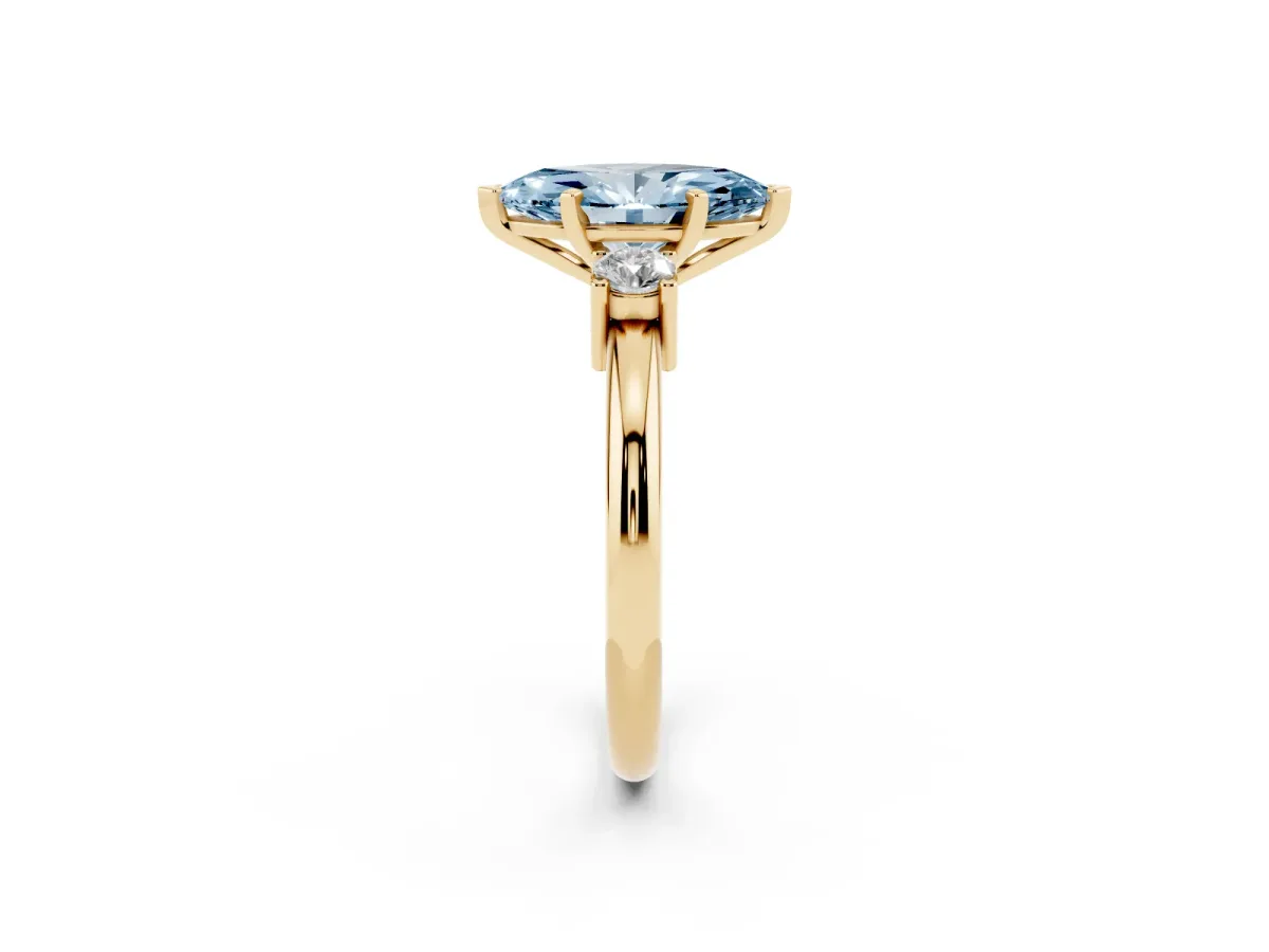 Fancy Blue Three-Stone Marquise Cut Cut Diamond Solitaire with Prong Setting and Classic Band Yellow gold