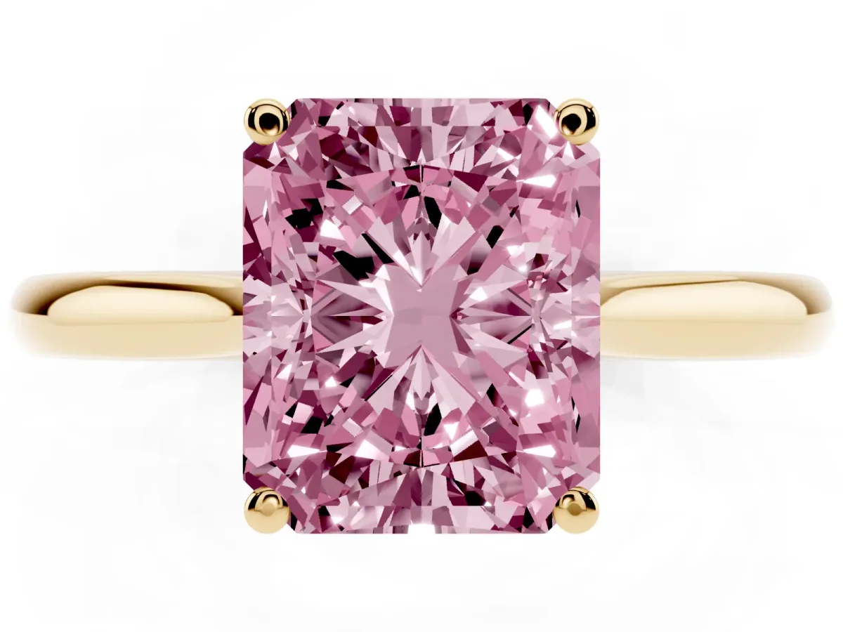 Fancy Pink Radiant Cut Cut Solitaire Ring with Cathedral Band and Four-Prong Setting Yellow gold