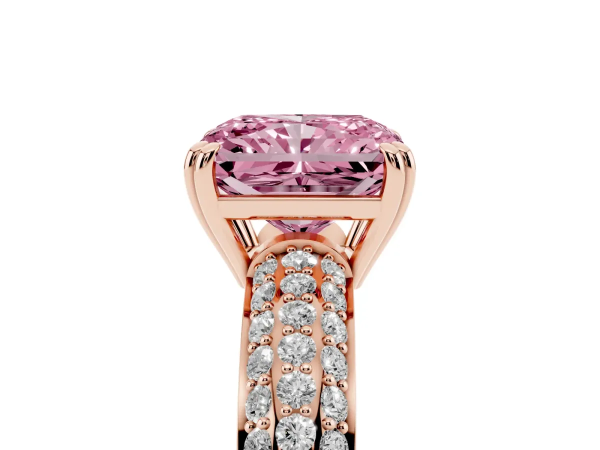 Fancy Pink Radiant Cut Diamond Solitaire Ring with Multi-Row Round Pavé Band and Prong Setting Rose gold