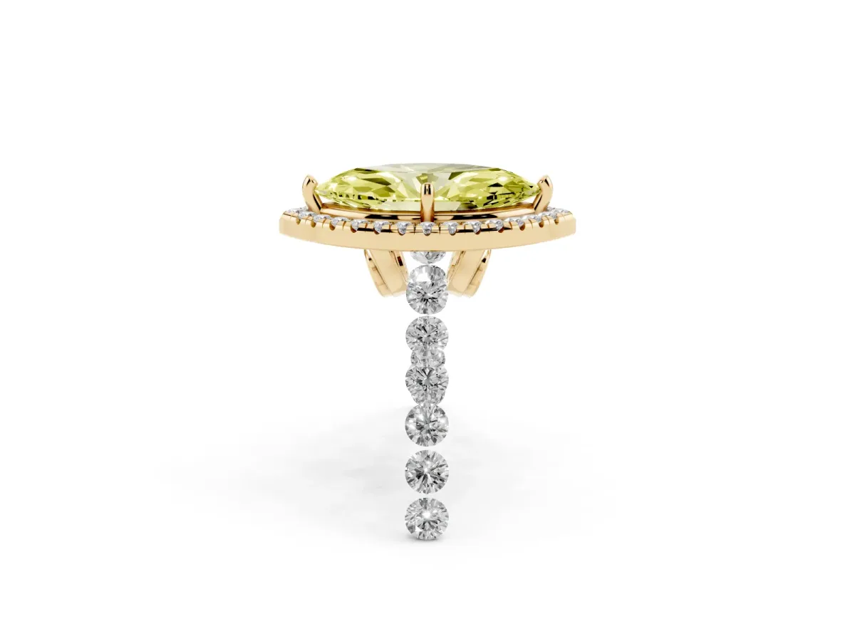 Fancy Yellow Marquise Cut Halo Pavé Diamond Engagement Ring with Four-Prong Setting Yellow gold