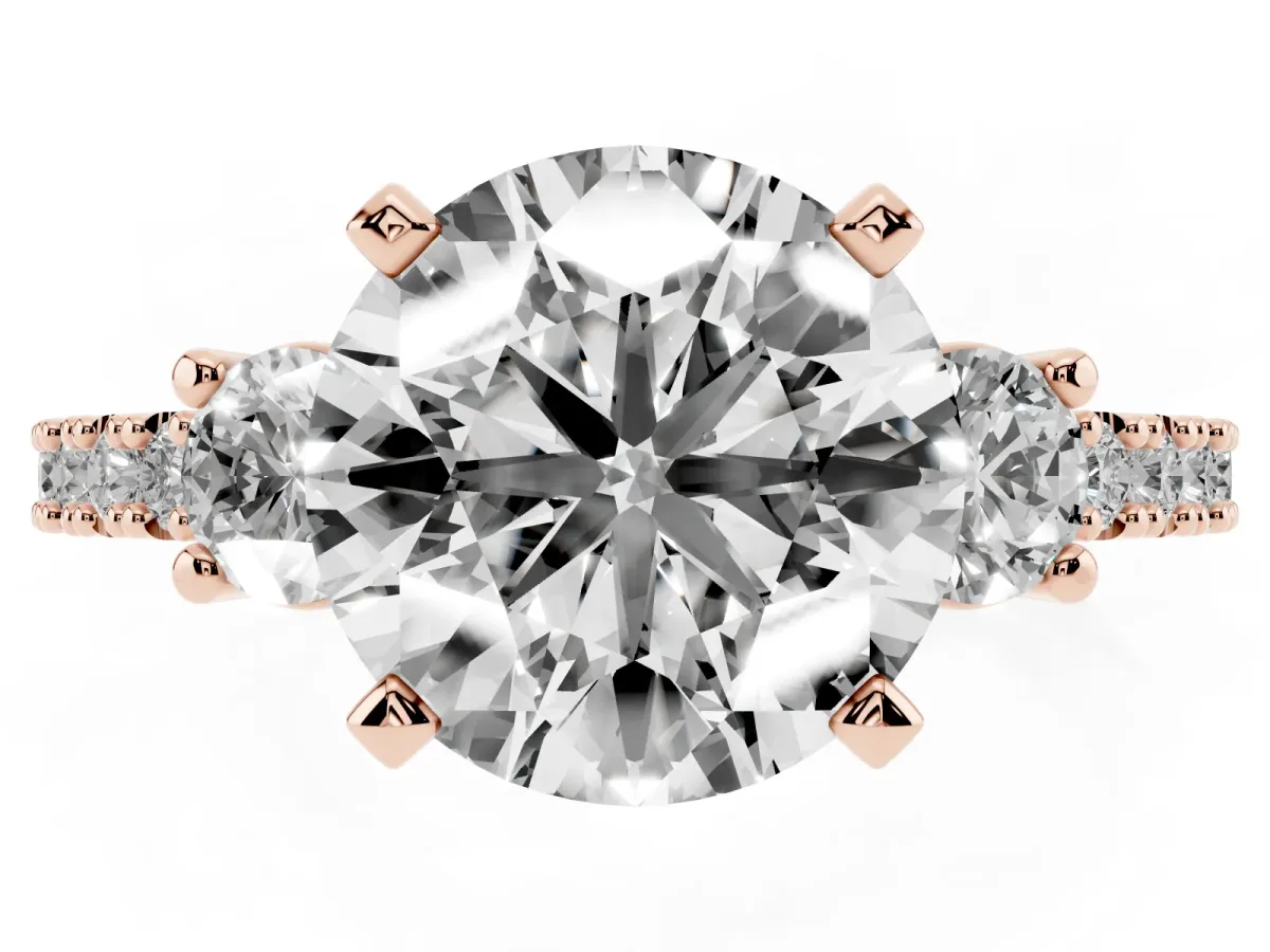 Round Cut Three-Stone Diamond Pavé Band with Prong Setting Rose gold
