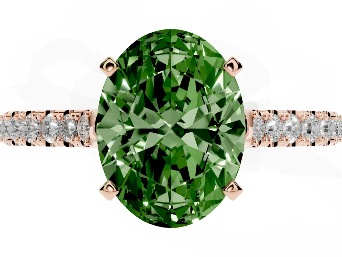 Fancy Green Oval Cut Cut Solitaire Diamond Engagement Ring with Pave Band and Four-Prong Setting Rose gold