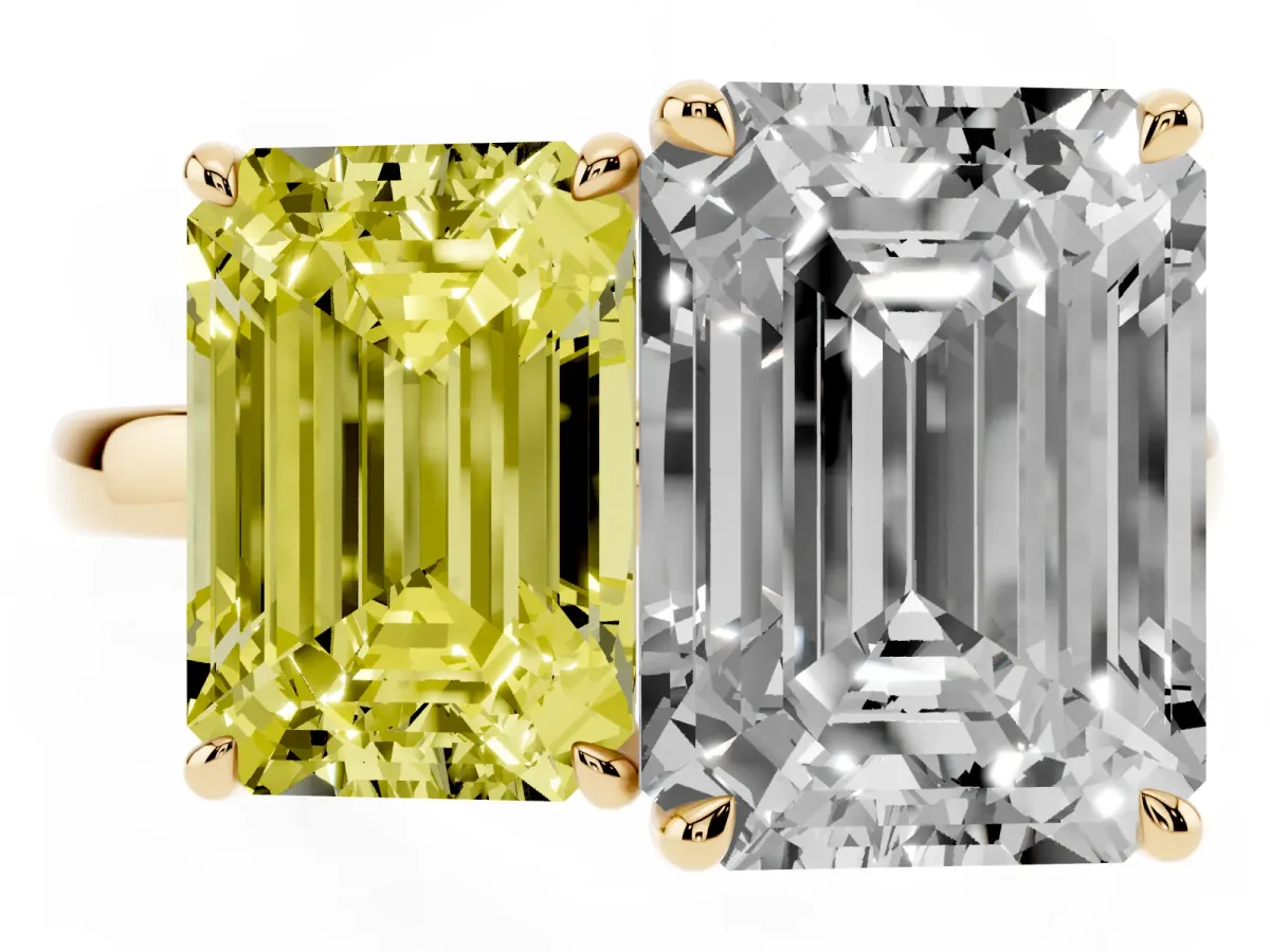 Fancy Yellow Emerald Cut and Emerald Cut Toi Moi Ring with Prong Setting Yellow gold
