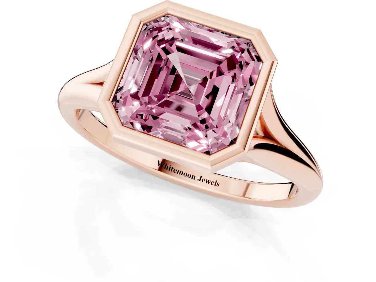 Fancy Pink Bezel Set Asscher Cut Cut Solitaire Ring with Tapered Band Rose gold