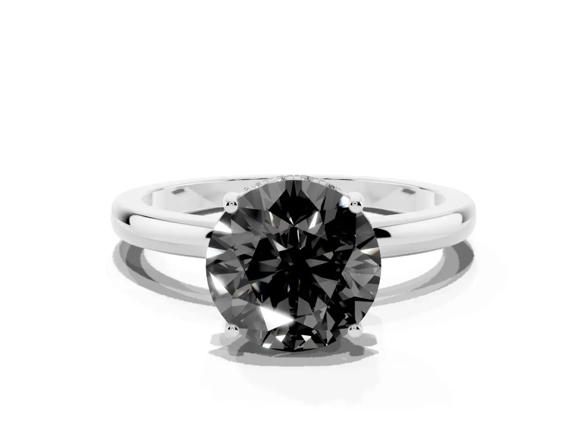 Fancy Black Round Cut Solitaire Diamond Ring with Prong Setting and Plain Band Silver
