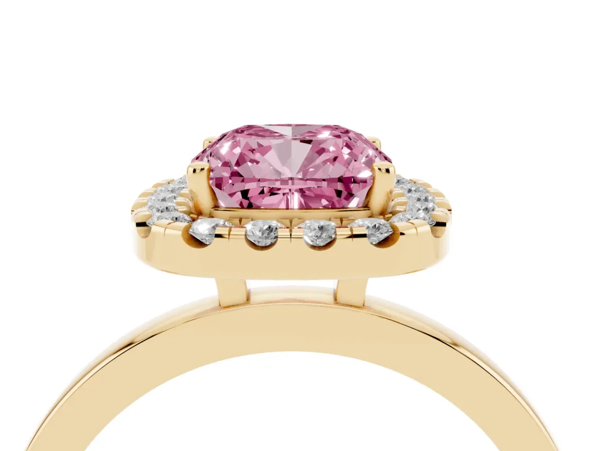 Fancy Pink Cushion Cut Halo Diamond Solitaire with Pavé Band and Four-Prong Setting Yellow gold