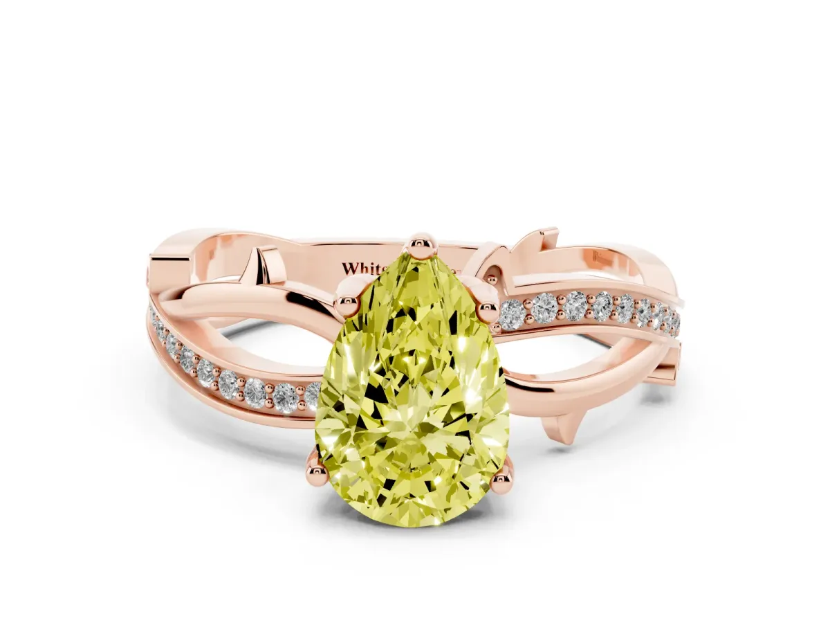 Fancy Yellow Pear Cut Solitaire Twist Band with Pavé Accents and Four-Prong Setting Rose gold