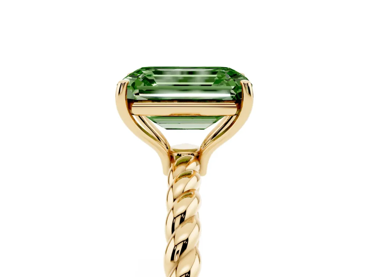 Fancy Green Emerald Cut Solitaire Twist Band Ring with Four-Prong Setting Yellow gold