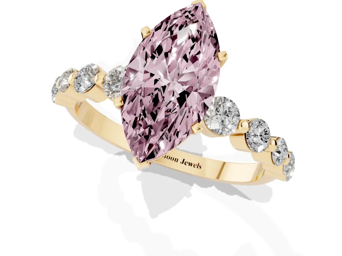 Fancy Pink Marquise Cut Solitaire Diamond Ring with Pave Band and Four-Prong Setting Yellow gold