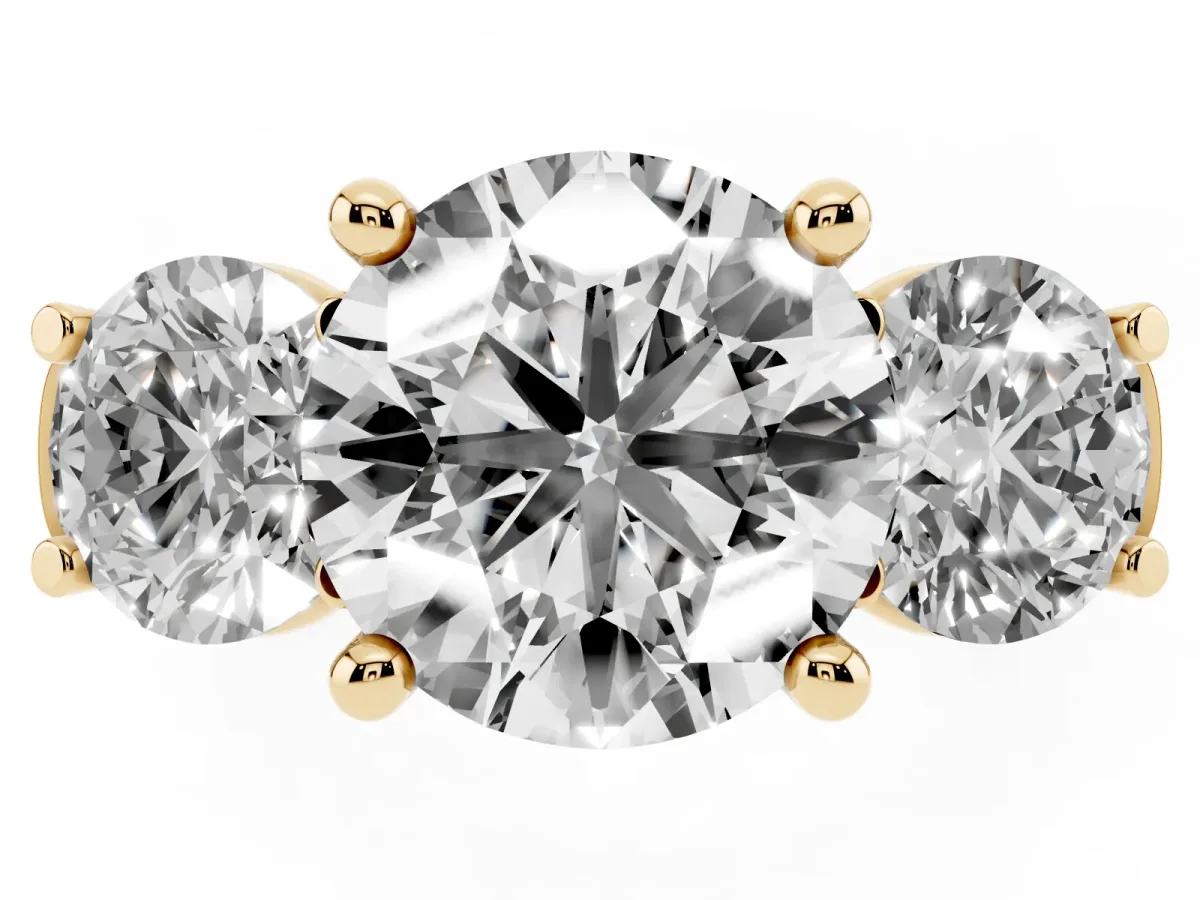 Three-Stone Round Cut Brilliant Diamond Trellis Ring with Comfort Fit Band Yellow gold