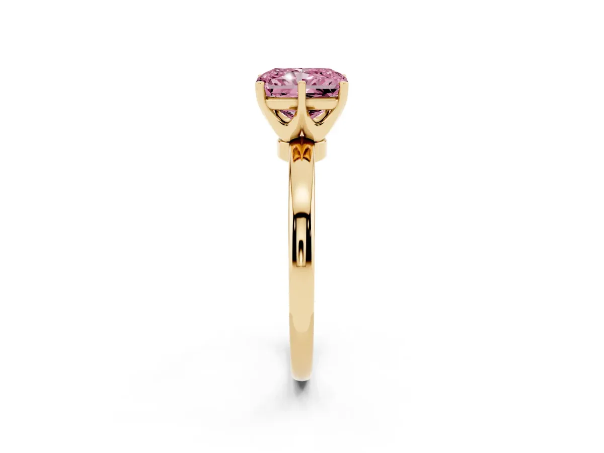 Fancy Pink Radiant Cut Solitaire Diamond Ring with Six-Prong Setting on a Classic Band Yellow gold