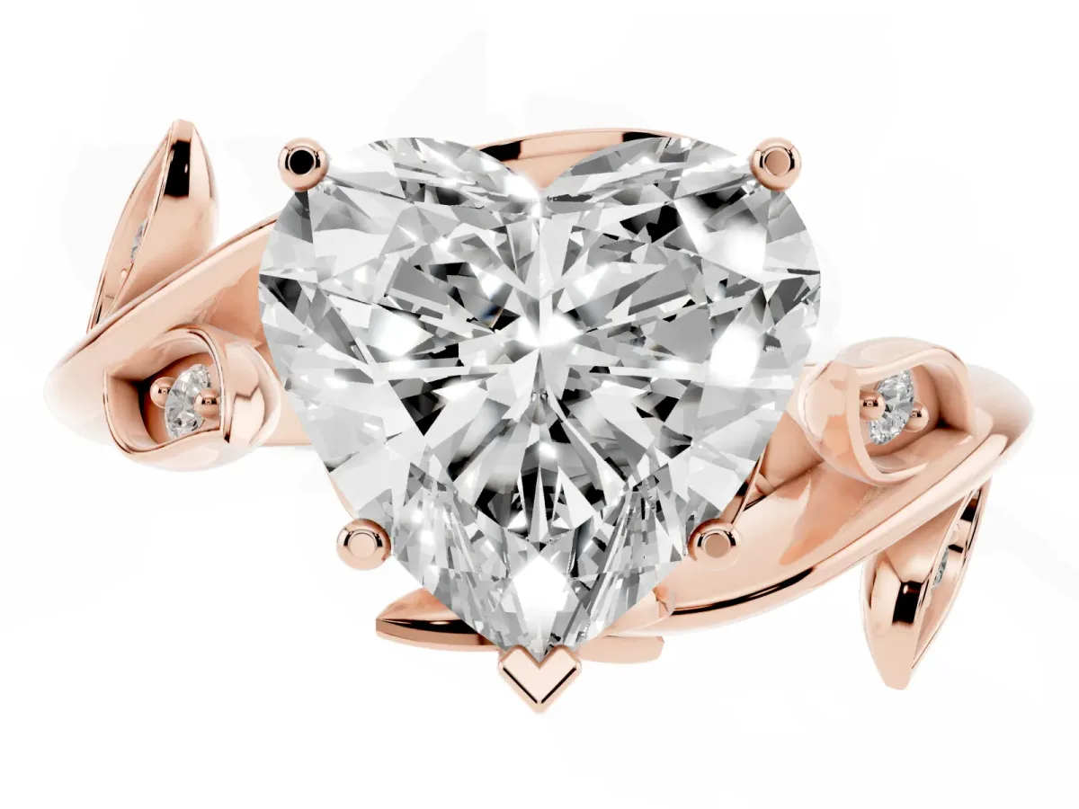 Heart Cut Solitaire Twist Engagement Ring with Leaf Accents and Prong Setting Rose gold